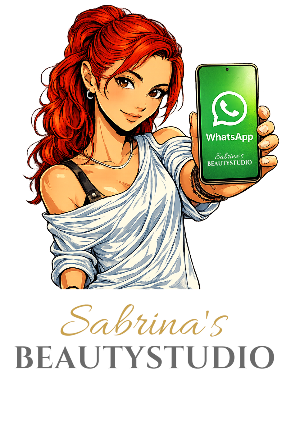 WhatsApp-Kanal Sabrina's Beautystudio WhatsApp QR-Code und Text zu Kanal, Rabatten und Neuigkeiten.